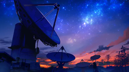 An anime character with long hair and antenna gazes at a sunset sky filled with stars, beautifully captured in a high-definition desktop wallpaper.