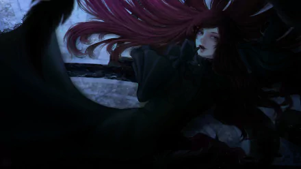 Dark anime girl with flowing crimson hair and a tattered cloak, clutching a sword amid snowy stone ruins — HD PC Desktop Wallpaper and Background