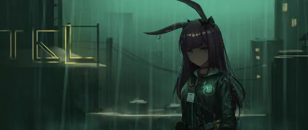 A high-definition Arknights desktop wallpaper featuring Rope, set against a moody and rain-soaked cityscape background.