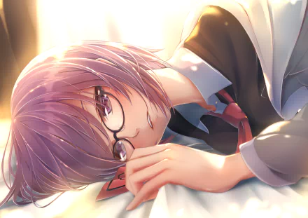 HD PC desktop wallpaper featuring Mashu Kyrielight from the anime Fate/Grand Order, depicting her with short purple hair and glasses in a close-up, soft-lit scene.