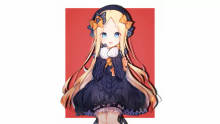 HD PC desktop wallpaper featuring Abigail Williams from Fate/Grand Order in anime style, showcasing her long blonde hair and dark, elegant outfit against a red background.