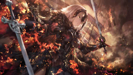 An intense HD desktop wallpaper of Jeanne d'Arc Alter from Fate/Grand Order. She stands amidst flames, clutching a sword, with white short hair and yellow eyes, exuding a powerful warrior aura.