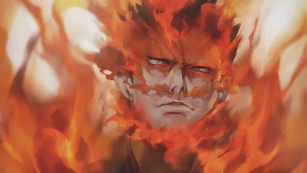 HD wallpaper of Endeavor (Enji Todoroki) from My Hero Academia, surrounded by intense flames, capturing his fiery and determined expression.