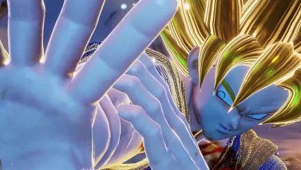 Goku in his Super Saiyan form from the video game Jump Force depicted in a vibrant 4K Ultra HD PC desktop wallpaper.