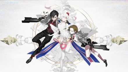4K Ultra HD PC wallpaper featuring Mifue Shinohara, Mu (Caligula), and Ritsu Shikishima from the anime Caligula in dynamic, stylized poses.