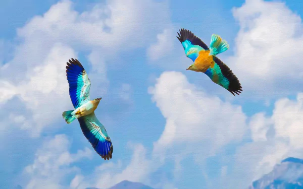 Two European roller birds (Animal, roller) soaring against a bright cloudy sky with vivid blue-green plumage — 4K Ultra HD PC Desktop Wallpaper and Background.