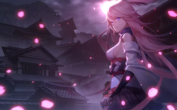 HD desktop wallpaper featuring Yae Sakura from Benghuai Xueyuan. The anime character stands in a mystical, dark village with cherry blossoms floating around her.
