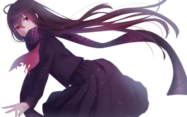 Oryou (Fate/KOHA-ACE) from Fate/Grand Order — anime 2K Quad HD PC desktop wallpaper: long dark hair, red eyes, flowing purple scarf and school uniform against a white background.