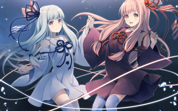 HD PC desktop wallpaper of Vocaloid characters Kotonoha Aoi and Kotonoha Akane: pastel-blue and pink-haired anime girls holding hands amid glowing ribbons and a starry background.