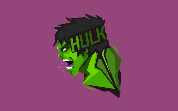 Comic-style Hulk illustration in vibrant green with HULK text, designed as an 8K Ultra HD PC desktop wallpaper on a purple background.