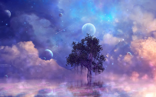 Artistic Fantasy Tree Cloud Purple Blue Starry Sky Stars Planet HD Wallpaper | Background Image