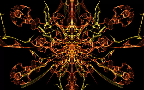 HD PC desktop wallpaper and background: symmetrical generative abstract in yellow and orange, fiery filigree radiating from a dark center.