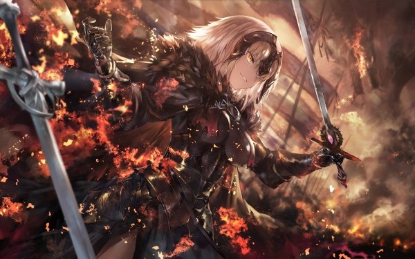 Anime Fate/Grand Order Fate Series Jeanne d'Arc Alter Sword Woman Warrior Dragon Flame Avenger Fire Short Hair White Hair Yellow Eyes Flag Smile Weapon Fate HD Wallpaper | Background Image