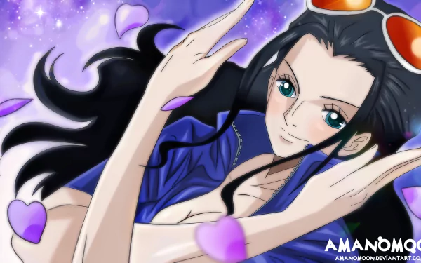 4K Ultra HD anime desktop wallpaper featuring Nico Robin from One Piece with a cosmic purple background and glowing heart accents.