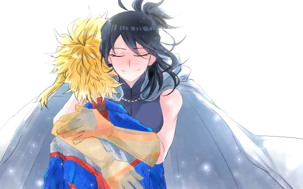 Anime wallpaper featuring Nana Shimura and All Might from My Hero Academia, showing a touching hug. Nana has black hair and a cape, while All Might sports blonde hair and gloves, both smiling warmly.