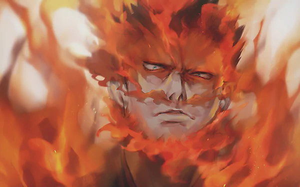 HD wallpaper of Endeavor (Enji Todoroki) from My Hero Academia, surrounded by intense flames, capturing his fiery and determined expression.
