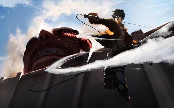 A dynamic 4K Ultra HD anime wallpaper featuring Eren Yeager confronting the Colossal Titan from Attack on Titan, set against a dramatic sky backdrop.
