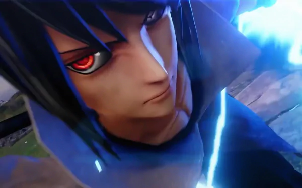 Close-up of Sasuke Uchiha from the video game Jump Force, red Sharingan and blue lightning around his face — 4K Ultra HD PC desktop wallpaper.