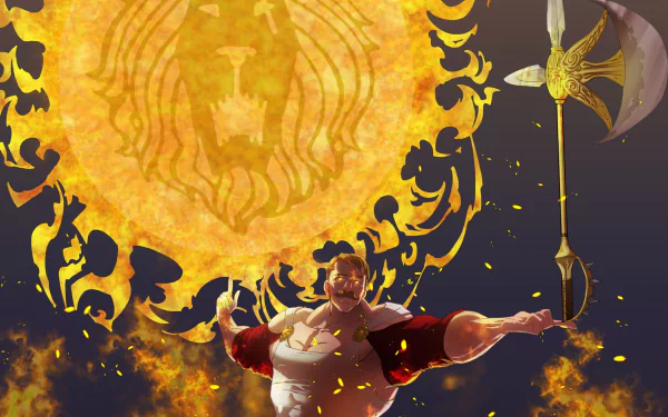 HD desktop wallpaper of Escanor from The Seven Deadly Sins anime, wielding an axe with a flaming backdrop and mystical symbols.