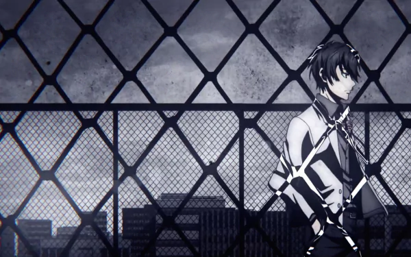 4K Ultra HD anime wallpaper featuring Ritsu Shikishima from Caligula, standing against a chain-link fence with a moody urban background.