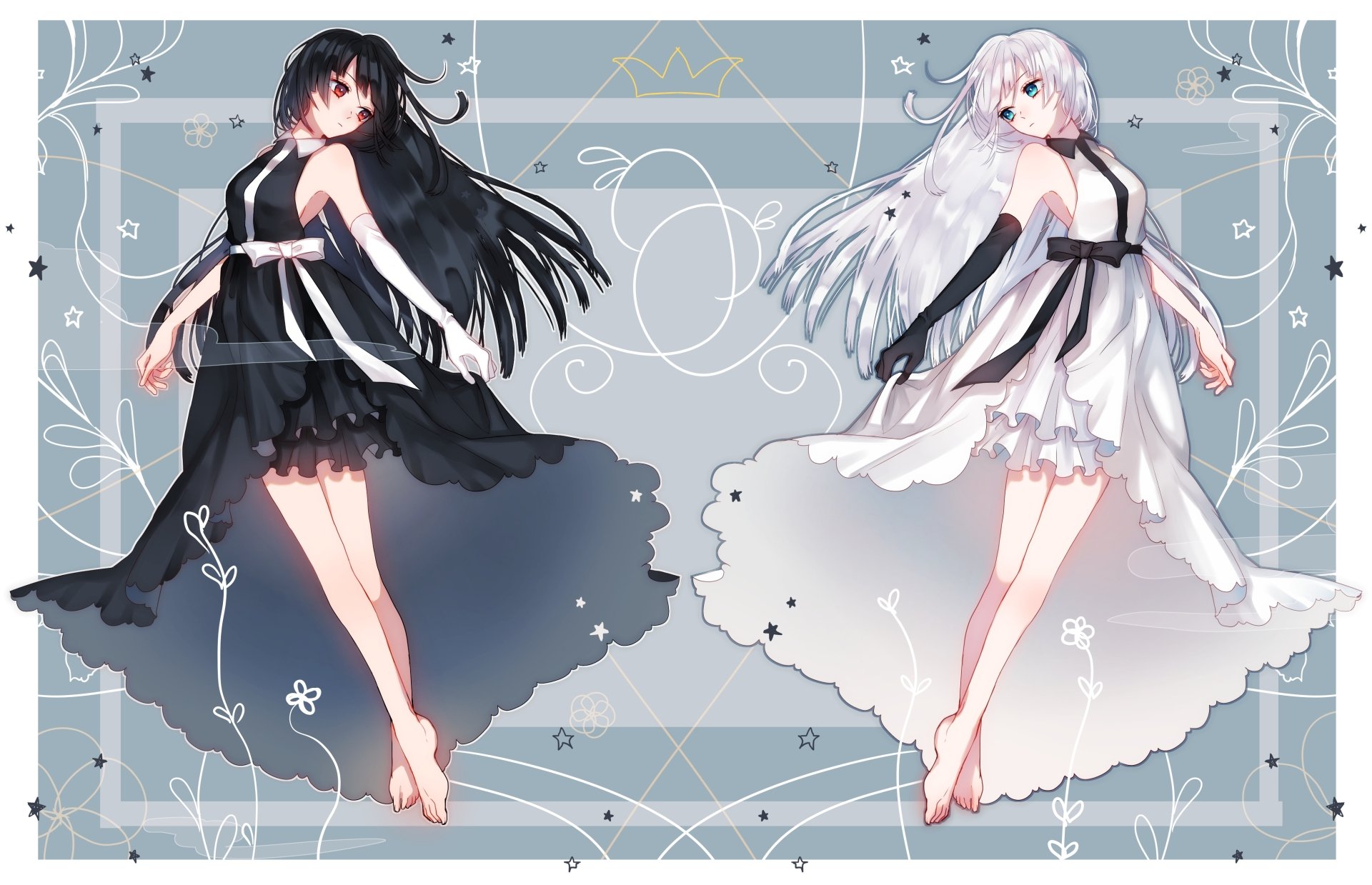 Anime-style 4K wallpaper featuring two original characters with long black and white hair, contrasting red and blue eyes, wearing gloves and star-adorned outfits with bows.