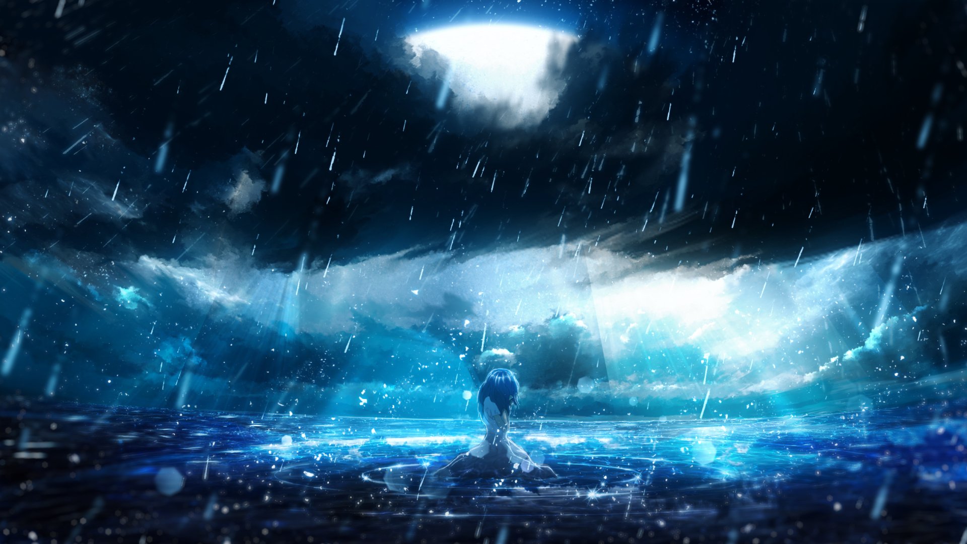 HD anime wallpaper of a nighttime scene with rain, featuring a lone character standing in the water under a dramatic, cloudy sky. Perfect background for desktops.