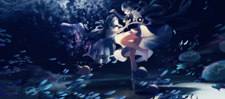 A 4K Ultra HD anime wallpaper featuring Stardust and Hai Yi from Vocaloid, depicted in an ethereal underwater scene with glowing petals and fluid motions.
