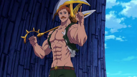 HD anime wallpaper of a muscular character from 'The Seven Deadly Sins' wielding a double-sided axe, set against a background of blue sky and stone walls.