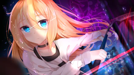 HD desktop wallpaper featuring Rachel Gardner from the anime Satsuriku no Tenshi (Angels of Death) with vibrant colors and an intense expression.