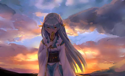 Kiyohime from Fate/Grand Order stands against a vibrant sunset sky in this 4K Ultra HD anime desktop wallpaper.