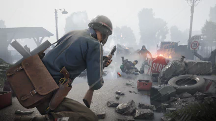 HD wallpaper featuring an intense scene from the game Vigor with a soldier aiming a pistol amidst a chaotic backdrop.