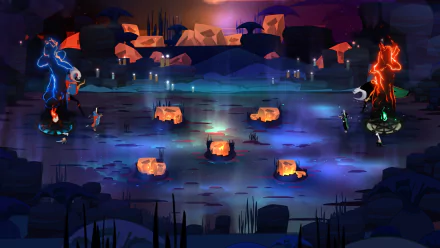 HD desktop wallpaper featuring characters from the game Pyre in a mystical, fiery setting.