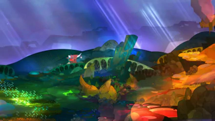 HD desktop wallpaper from the game Pyre featuring a vibrant, fantastical landscape with colorful hills and ethereal light rays.