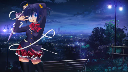 HD desktop wallpaper featuring Rikka Takanashi from Love, Chunibyo & Other Delusions in a school uniform with a skirt, set against a nighttime cityscape background.