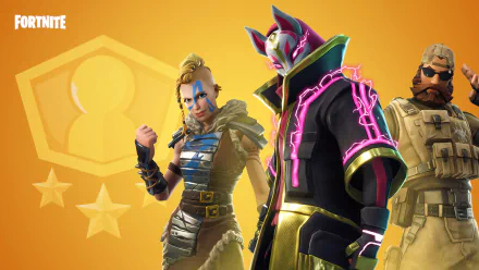 HD desktop wallpaper of Fortnite Battle Royale featuring three characters, including one in a neon-lit costume, geared up for action against a dynamic yellow background.