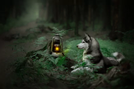A serene HD wallpaper of a husky dog resting beside a glowing lantern in a lush forest, surrounded by ferns, with a soft depth of field that blurs the background.
