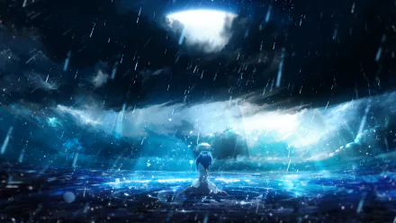 HD anime wallpaper of a nighttime scene with rain, featuring a lone character standing in the water under a dramatic, cloudy sky. Perfect background for desktops.