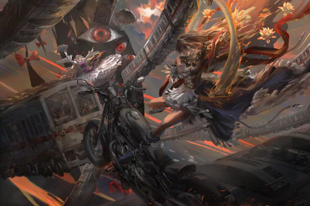 HD anime desktop wallpaper featuring Touhou characters Yukari Yakumo and Byakuren Hijiri in a dynamic, fiery urban battle scene.