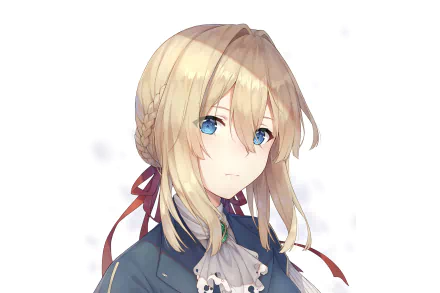 A high-definition desktop wallpaper featuring the anime character Violet Evergarden. She has blonde hair, blue eyes, and a serious expression.