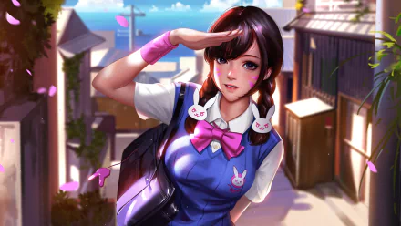 HD desktop wallpaper featuring D.Va from Overwatch in a lively, sunlit street background. D.Va is dressed in a schoolgirl outfit with a playful expression, saluting amidst pink petals.