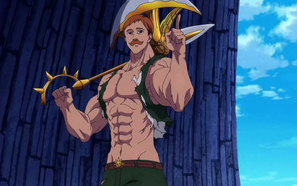 HD anime wallpaper of a muscular character from 'The Seven Deadly Sins' wielding a double-sided axe, set against a background of blue sky and stone walls.
