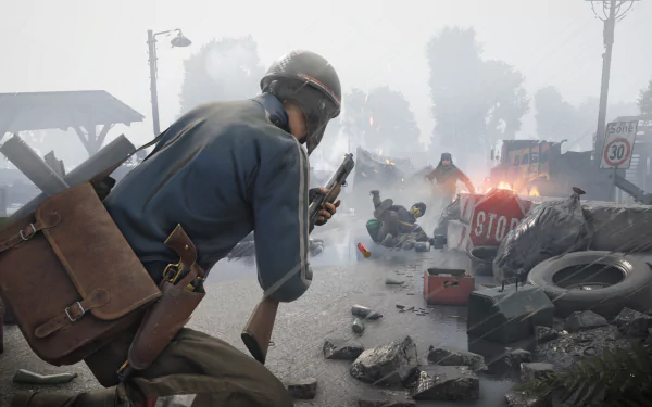 HD wallpaper featuring an intense scene from the game Vigor with a soldier aiming a pistol amidst a chaotic backdrop.