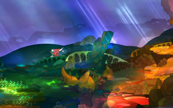 HD desktop wallpaper from the game Pyre featuring a vibrant, fantastical landscape with colorful hills and ethereal light rays.