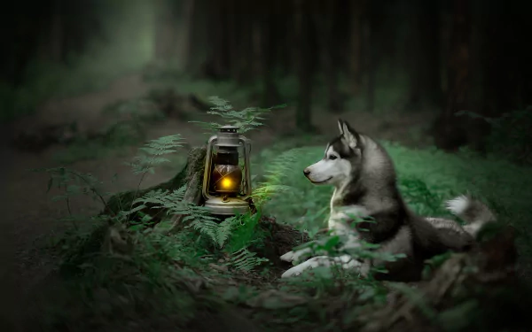 A serene HD wallpaper of a husky dog resting beside a glowing lantern in a lush forest, surrounded by ferns, with a soft depth of field that blurs the background.