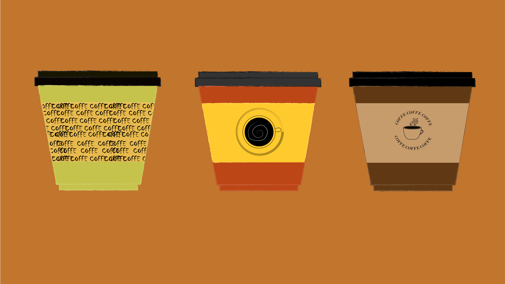 8K Ultra HD PC Desktop Wallpaper of three stylized coffee cups in warm tones on an orange background, highlighting food and coffee themes.