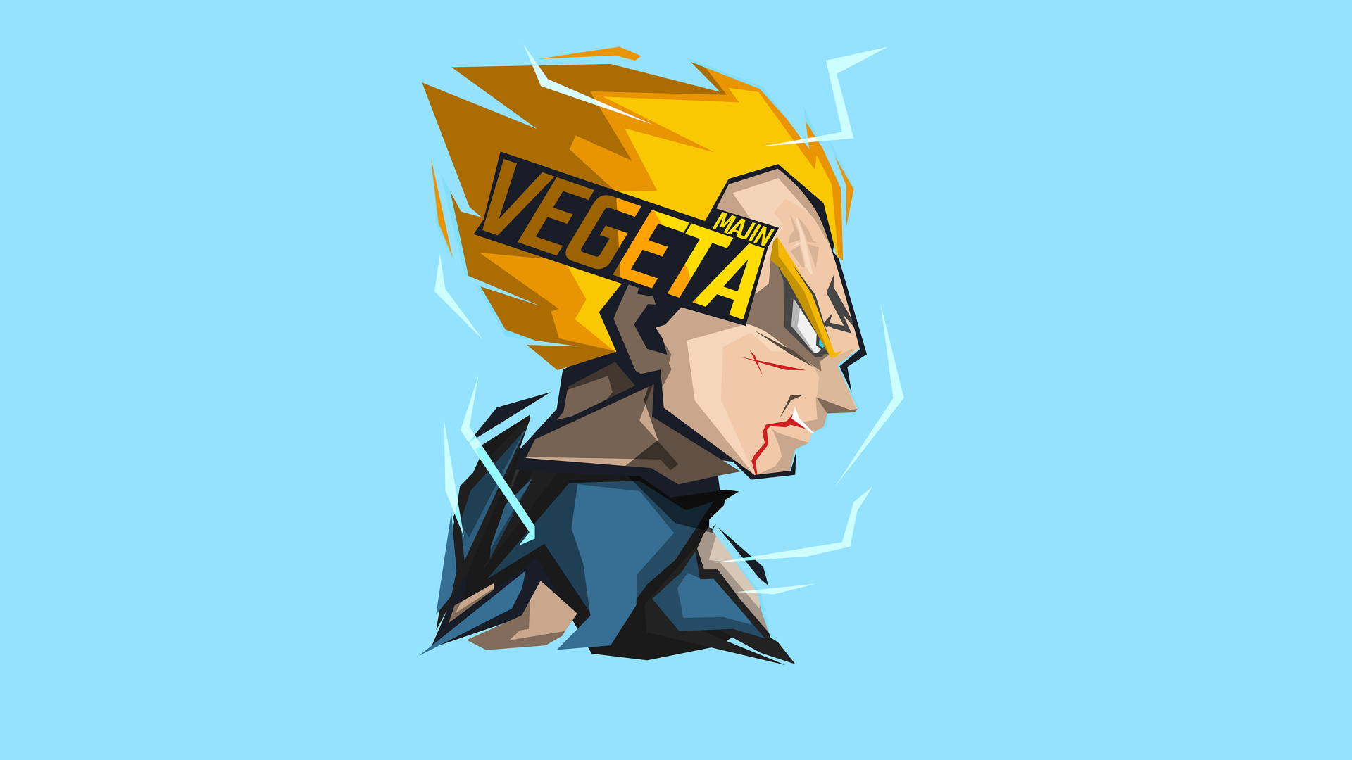 Stylized 8K Ultra HD Dragon Ball Z wallpaper featuring Vegeta with spiked golden hair and electric blue energy on a light blue background.
