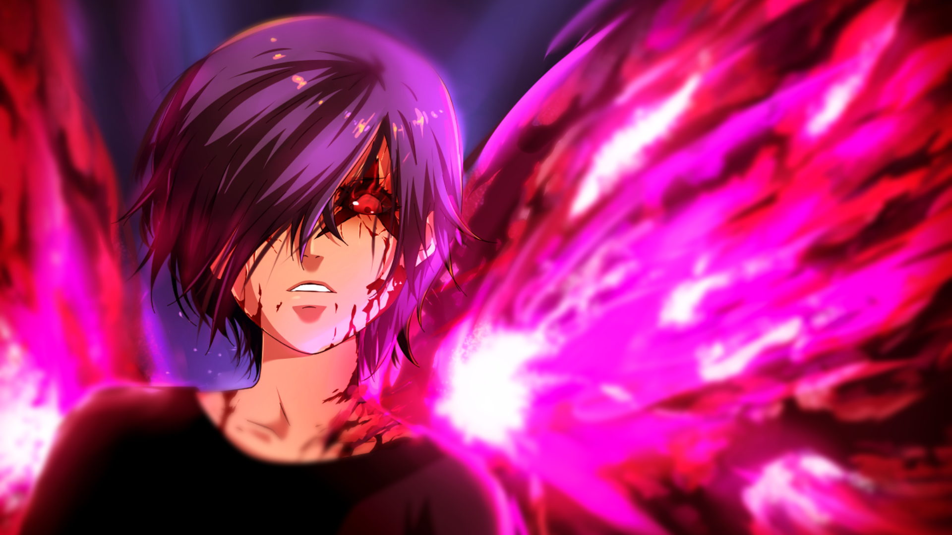 HD anime wallpaper featuring Touka Kirishima from Tokyo Ghoul, showcasing intense purple and pink hues with a dramatic, glowing background.