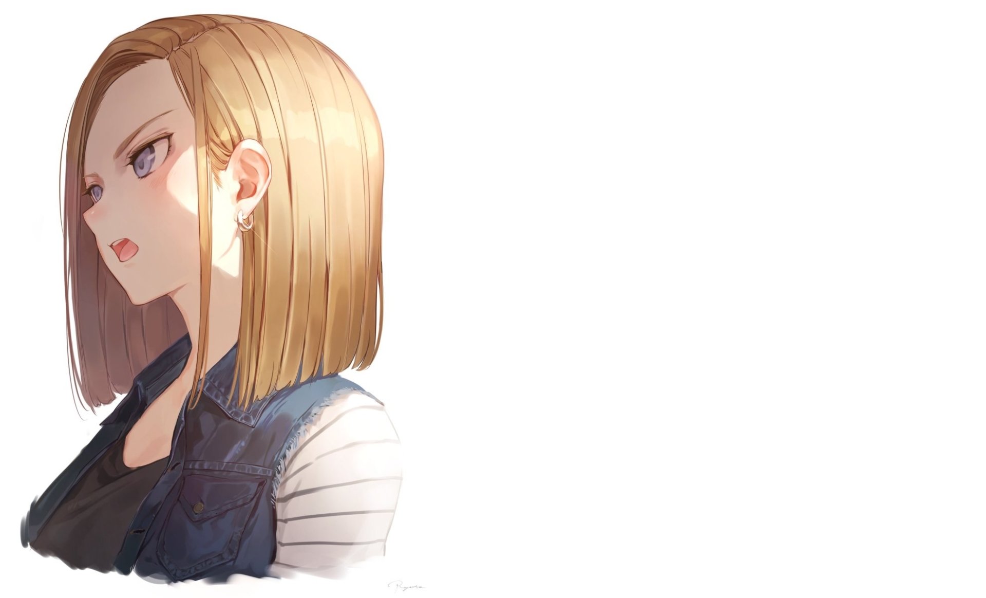 HD PC desktop wallpaper featuring Android 18 from Dragon Ball Z with blue eyes, depicted in anime style against a white background.