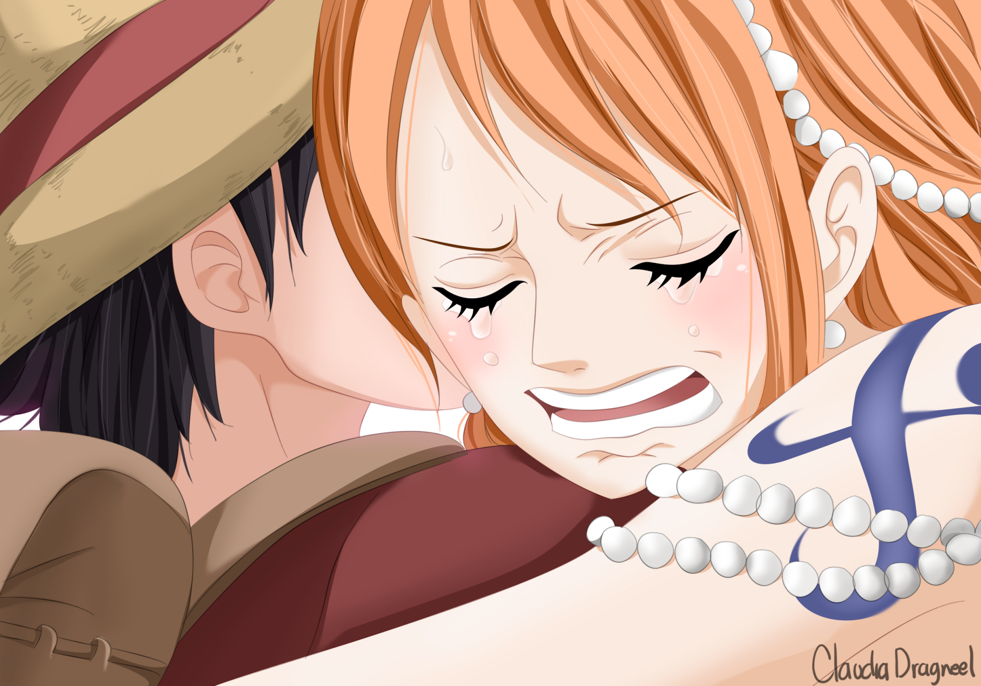 HD desktop wallpaper featuring anime characters Nami and Monkey D. Luffy from One Piece in an emotional close-up moment.
