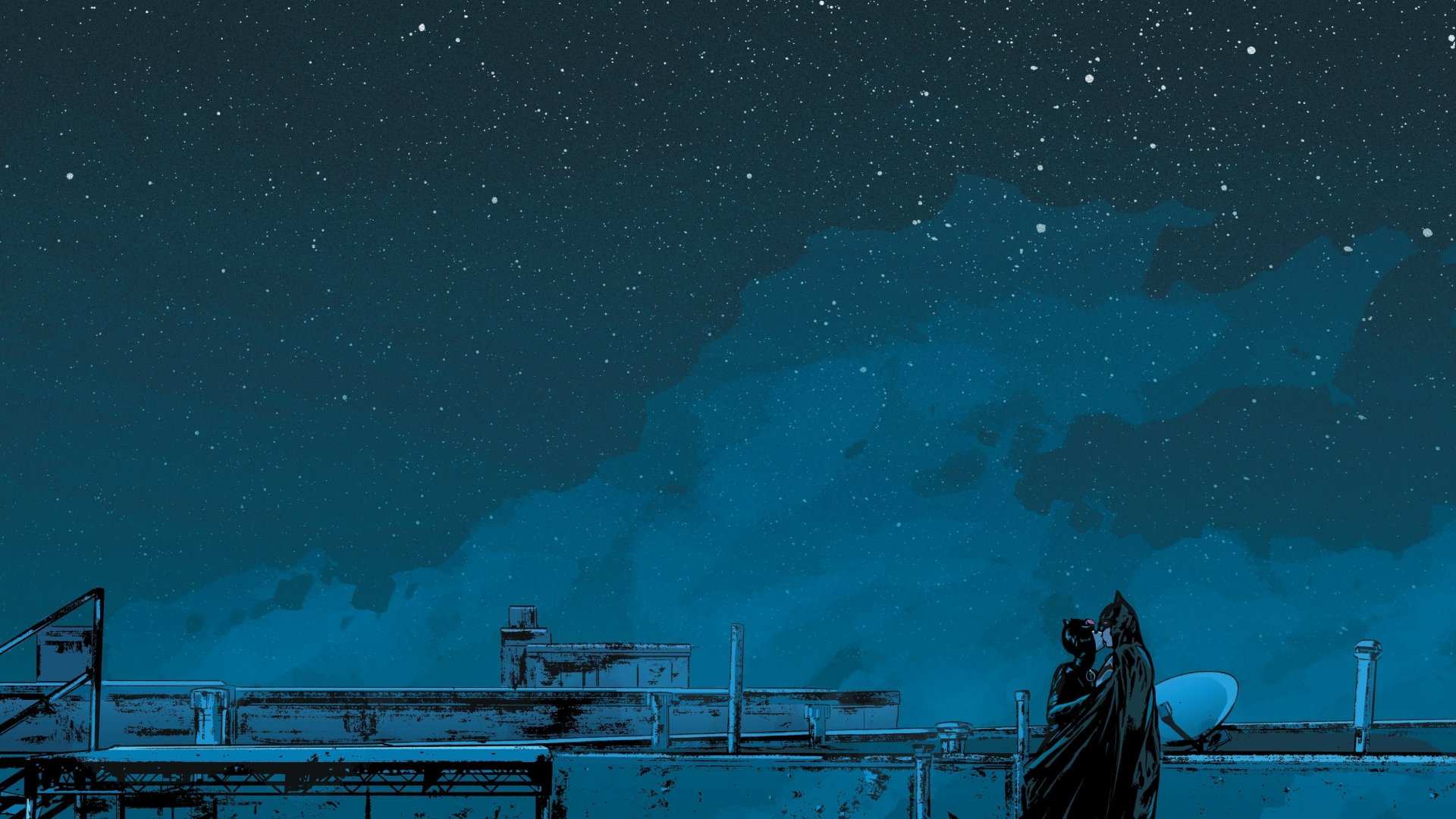 4K Ultra HD desktop wallpaper featuring Catwoman and Batman from DC Comics in a dark, starry night cityscape scene.